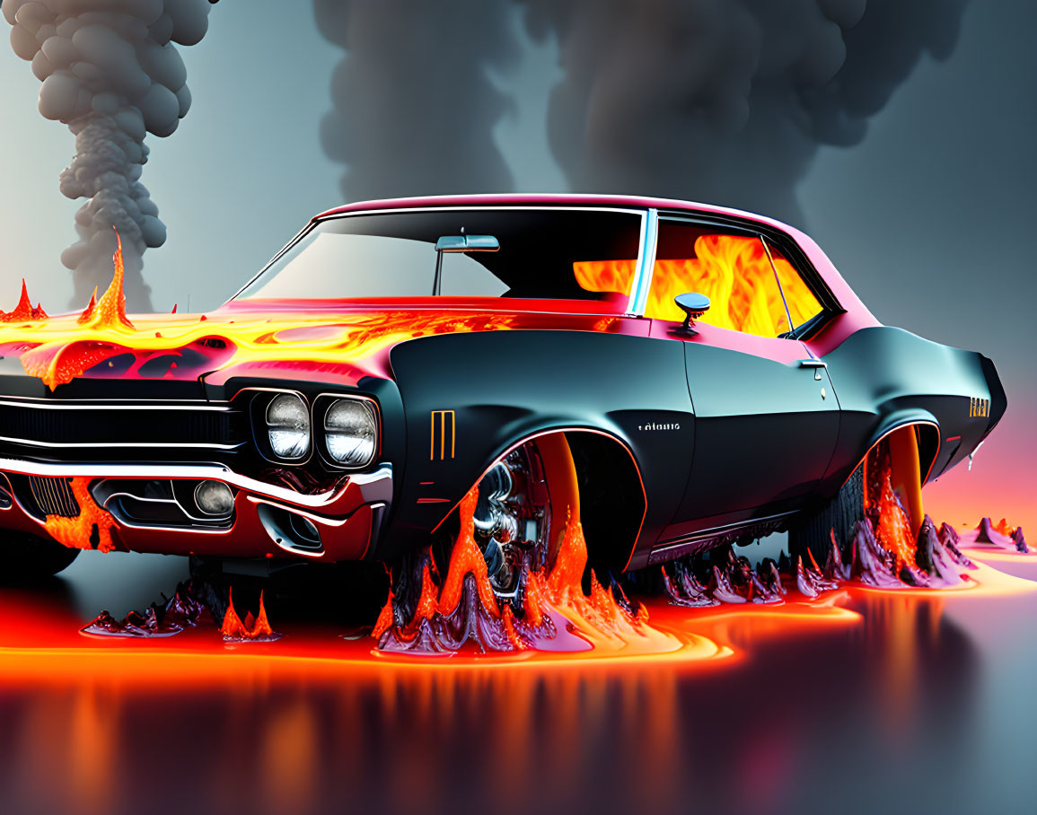 Vintage Muscle Car with Realistic Flames on Dark Smoky Background