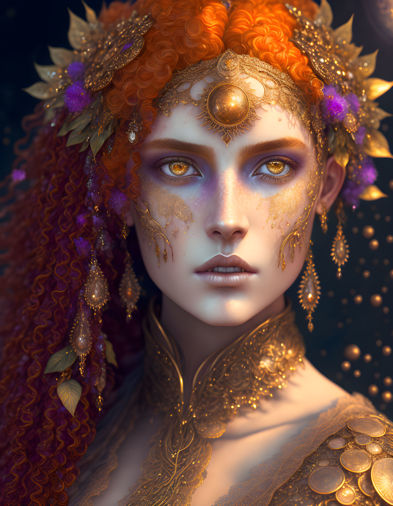 Vibrant digital portrait of a woman with ornate gold jewelry and orange hair