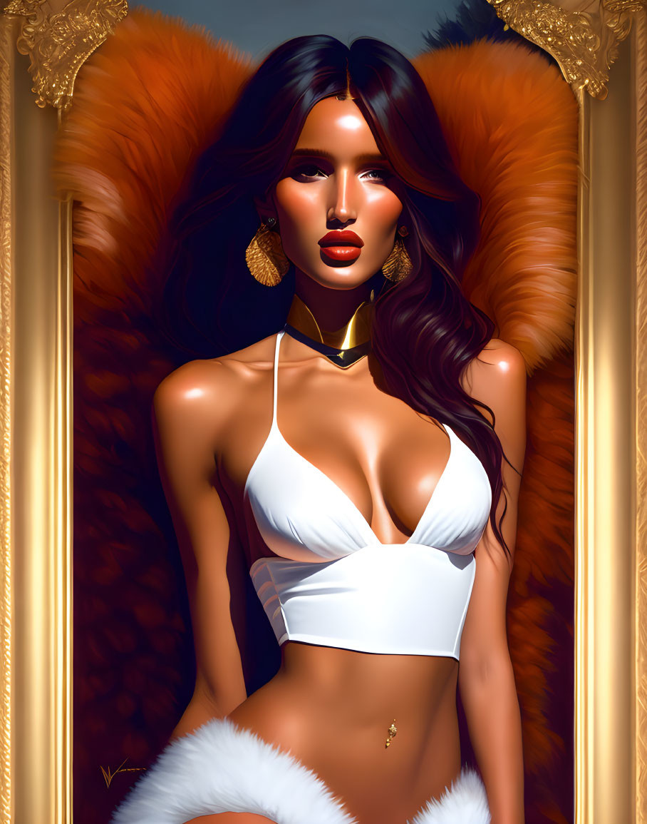 Illustration of woman with long brown hair, golden jewelry, white outfit, posing against luxurious backdrop with