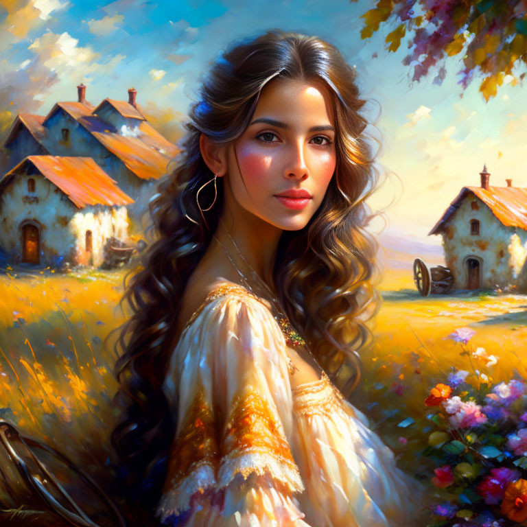 Woman with Long Wavy Hair in Off-Shoulder Dress Surrounded by Charming Countryside
