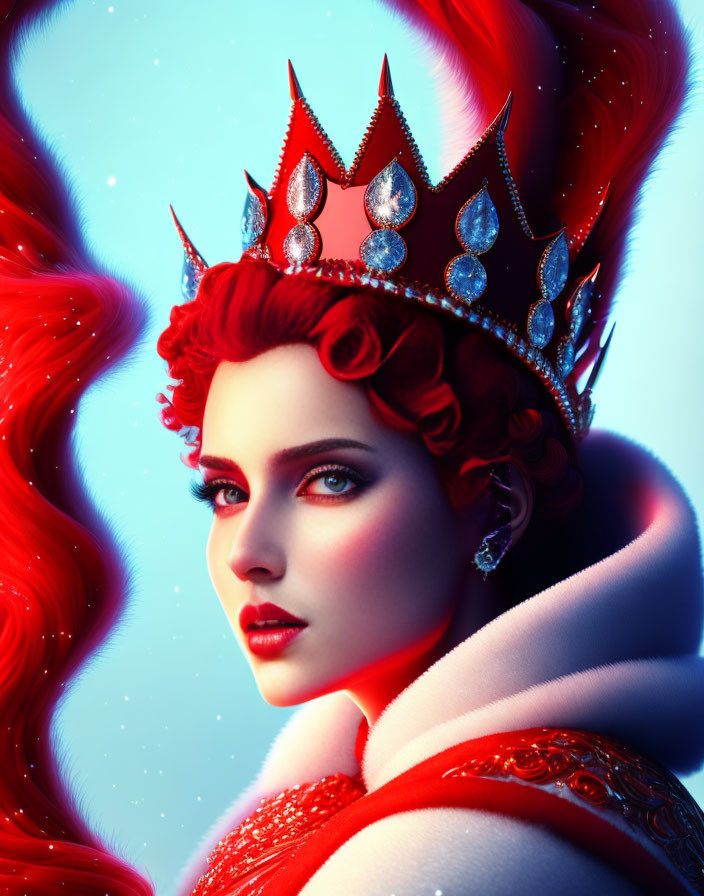 Portrait of woman with fiery red hair, crown, and regal attire on blue backdrop
