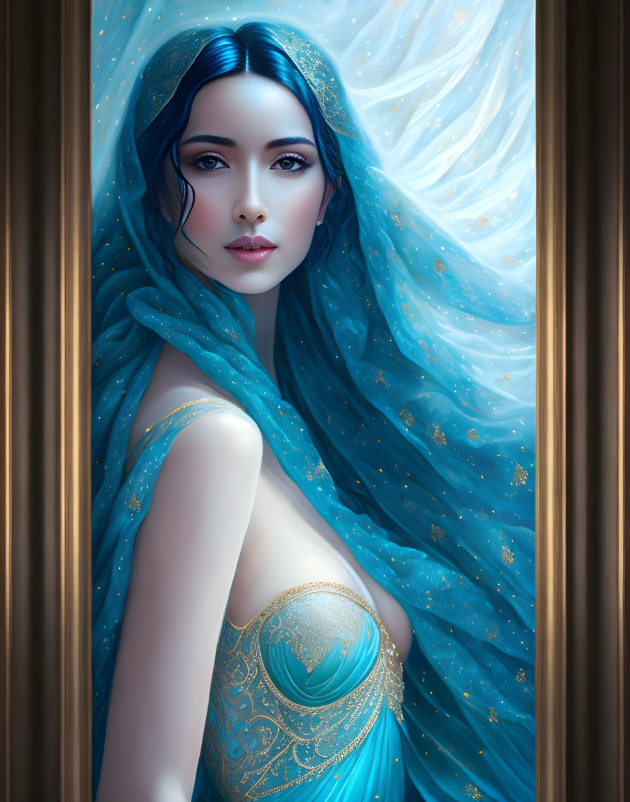 Woman portrait with blue flowing hair and ethereal scarf against starry backdrop