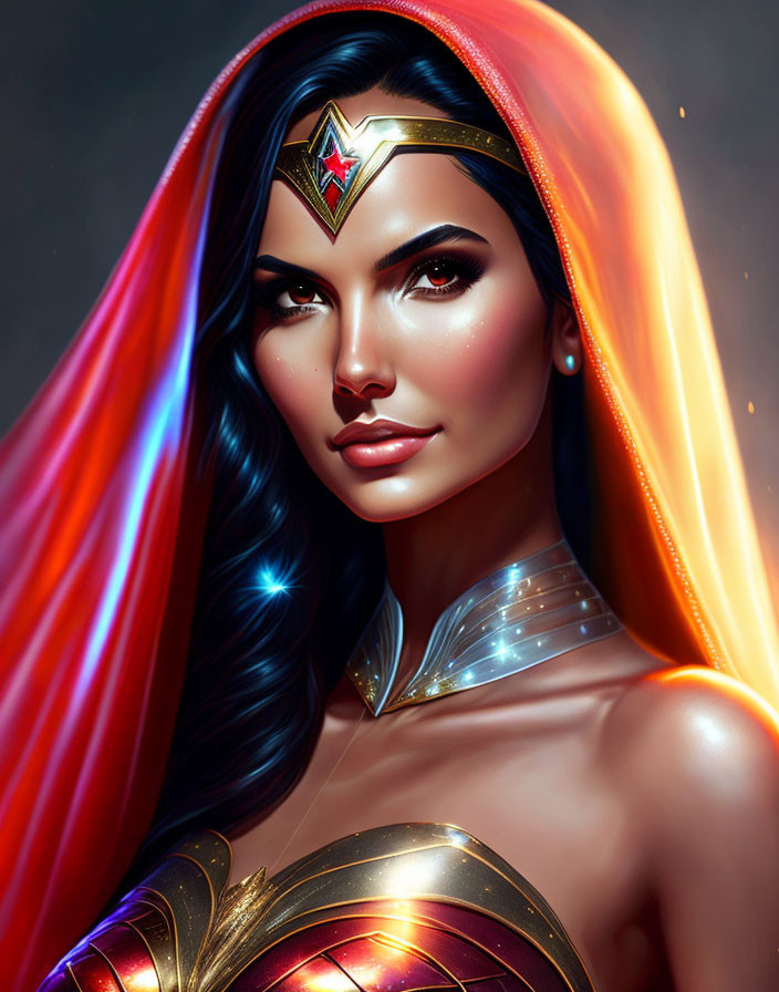 Female superhero digital artwork with golden tiara, black hair, and rainbow-colored cape