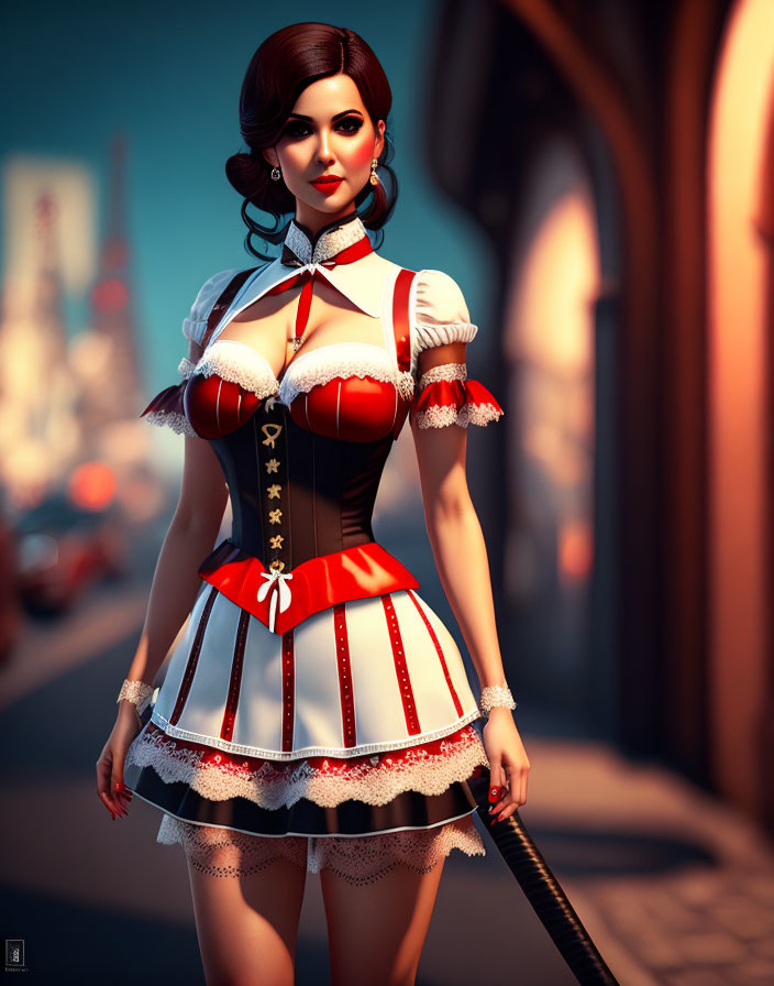 Digital illustration of woman in maid costume with corset and crop, cityscape background