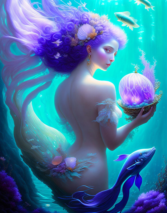 Vibrant underwater scene with fantastical mermaid and glowing jellyfish