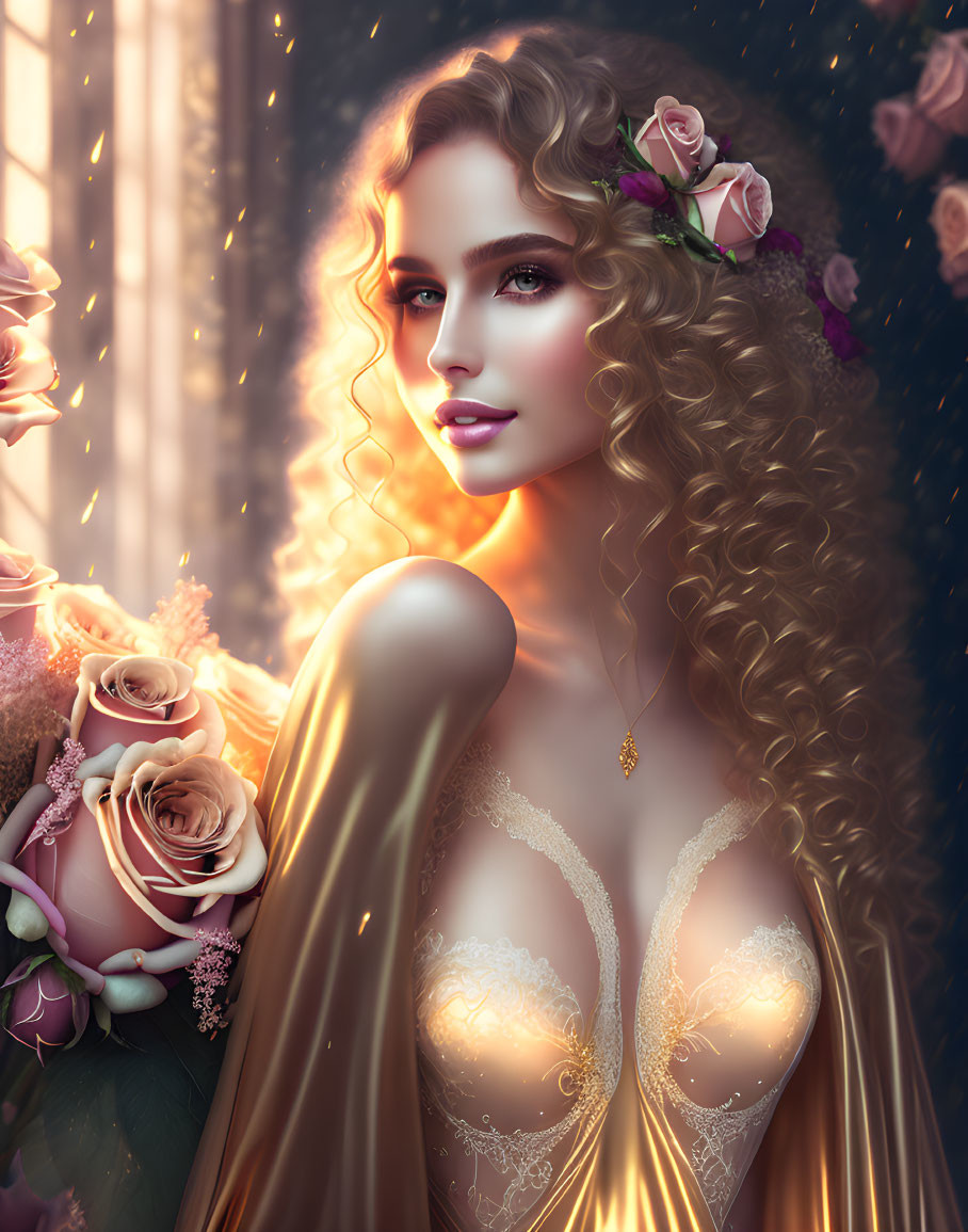 Digital portrait: Woman with curly hair, roses, golden lace gown, warm light.