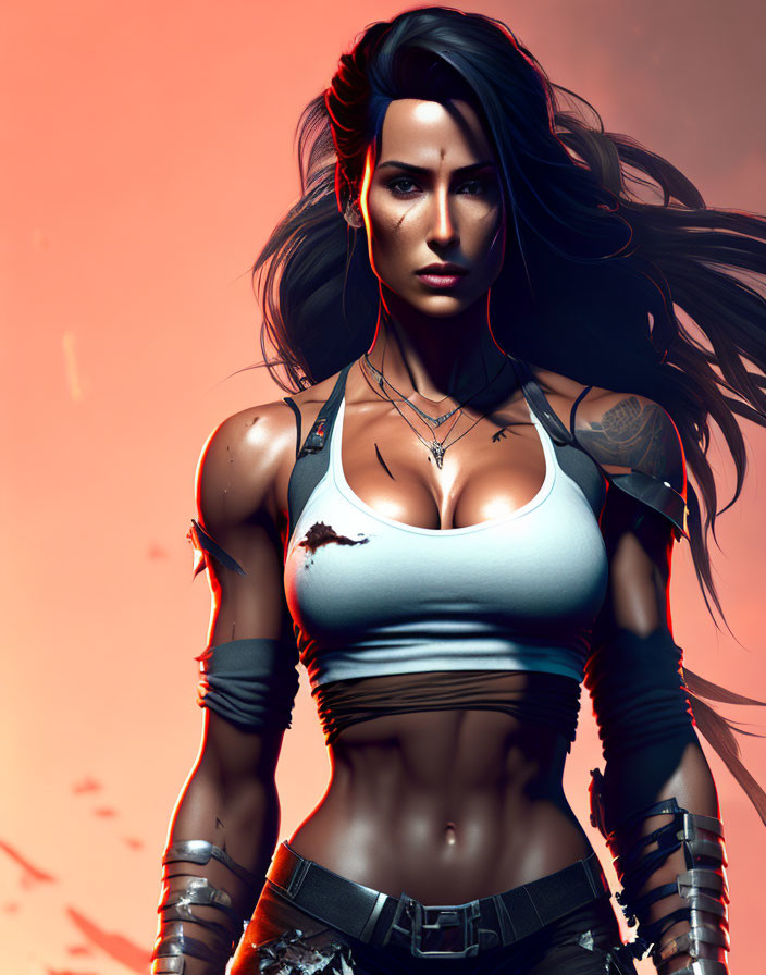 Digital art portrait of female character with black hair, headphones, white tank top, cybernetic arms