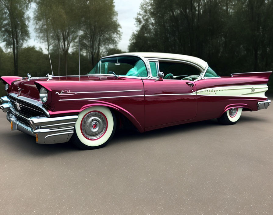 Pink and White Two-Tone Convertible Car with Tailfins and White-Walled Tires