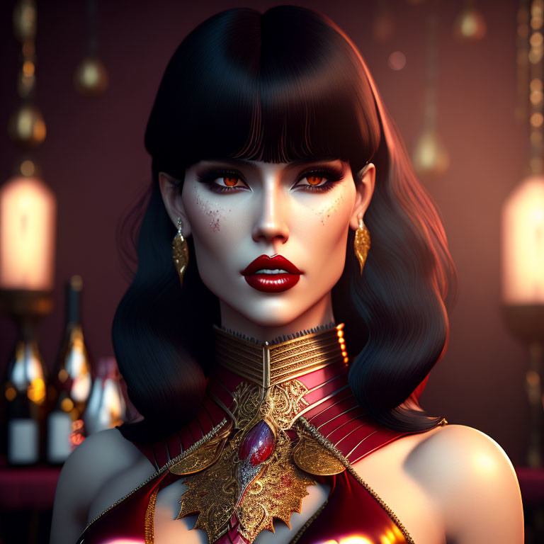 Digital artwork of woman with striking makeup and gold jewelry against backdrop with hanging lights