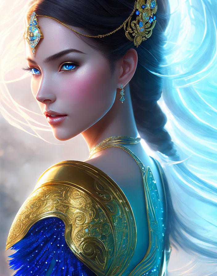 Digital artwork features woman with luminescent hair in gold and blue regal attire.