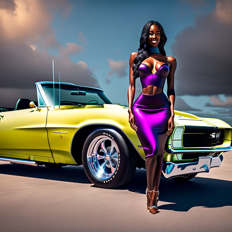 Stylized illustration of woman in purple outfit by yellow convertible car