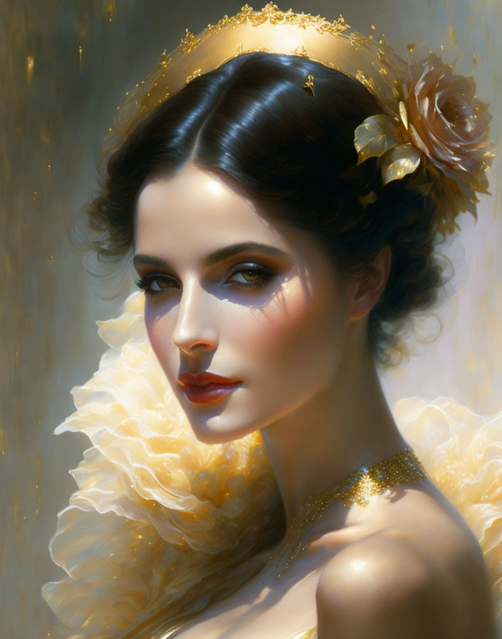 Digital painting of woman with golden headpiece, flower in hair, yellow ruffled collar
