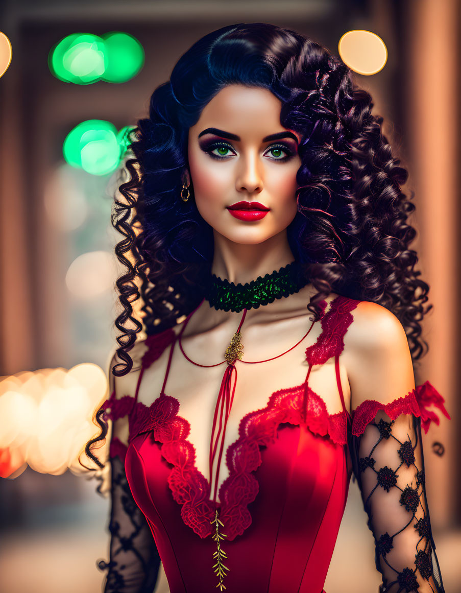 Curly-haired woman in red dress with green choker and vibrant green eyes on blurred light background