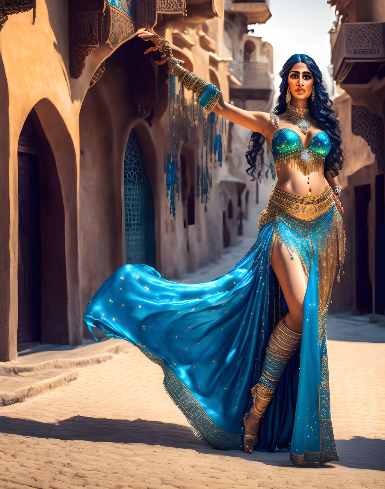 Woman in Luxurious Blue and Gold Belly Dance Costume in Sunlit Alley