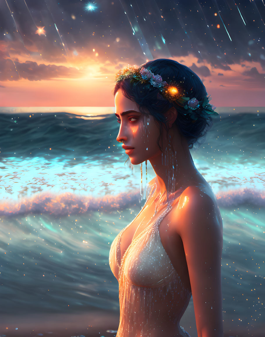 Woman with floral headpiece admiring twilight seascape under starry sky.