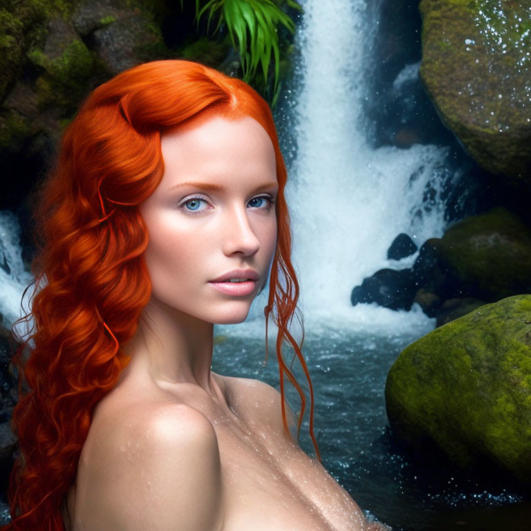 Vibrant red-haired woman poses by waterfall and mossy rocks