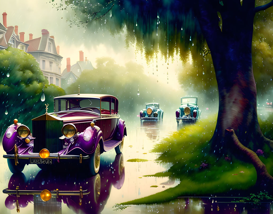 Classic cars on rainy tree-lined road with vibrant reflections