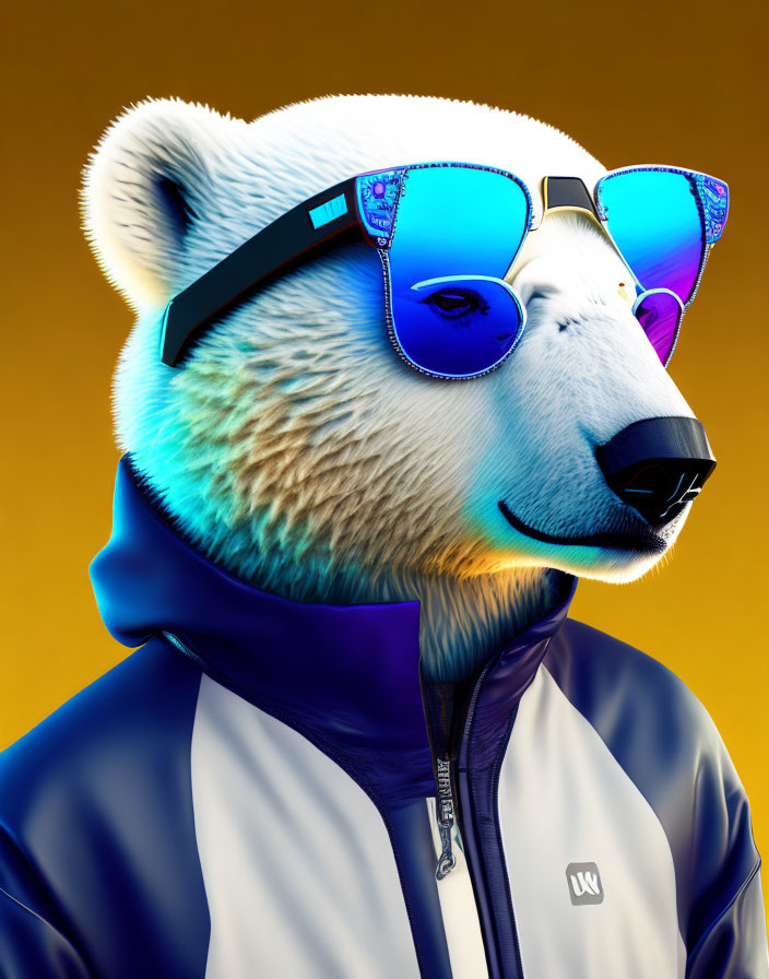 Stylized polar bear in sunglasses and jacket on yellow background