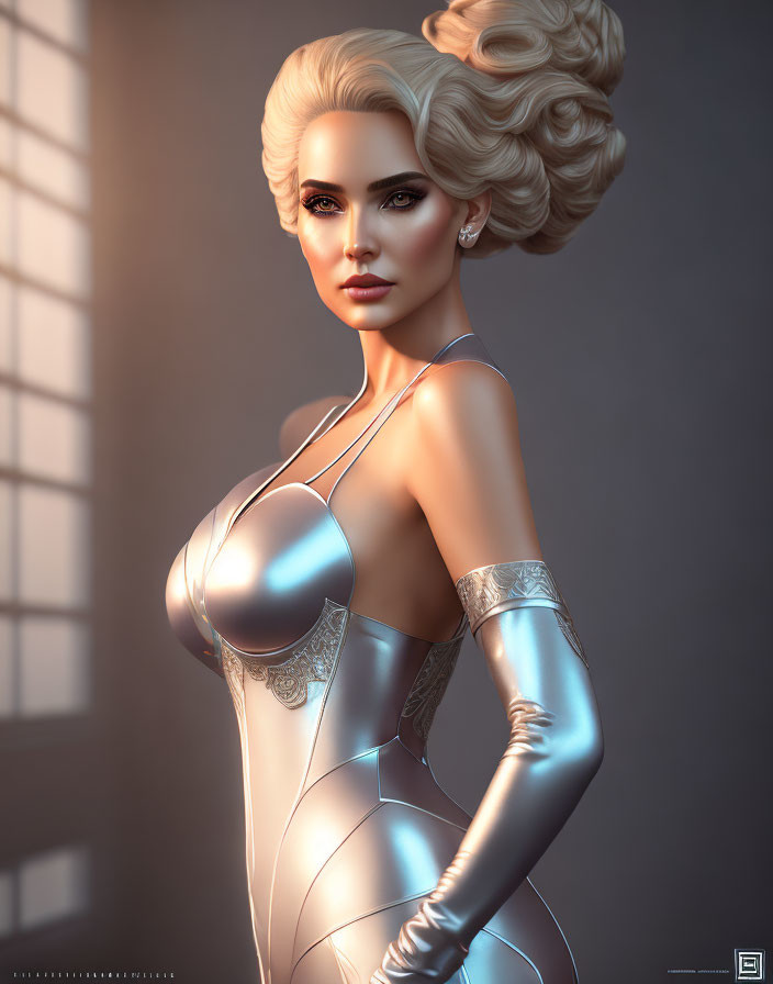 Futuristic metallic bodysuit on woman with elaborate hairstyle