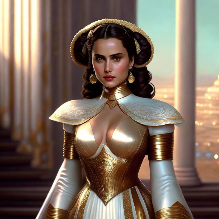 Sci-fi inspired digital artwork of woman in regal outfit and gold accents against architectural backdrop