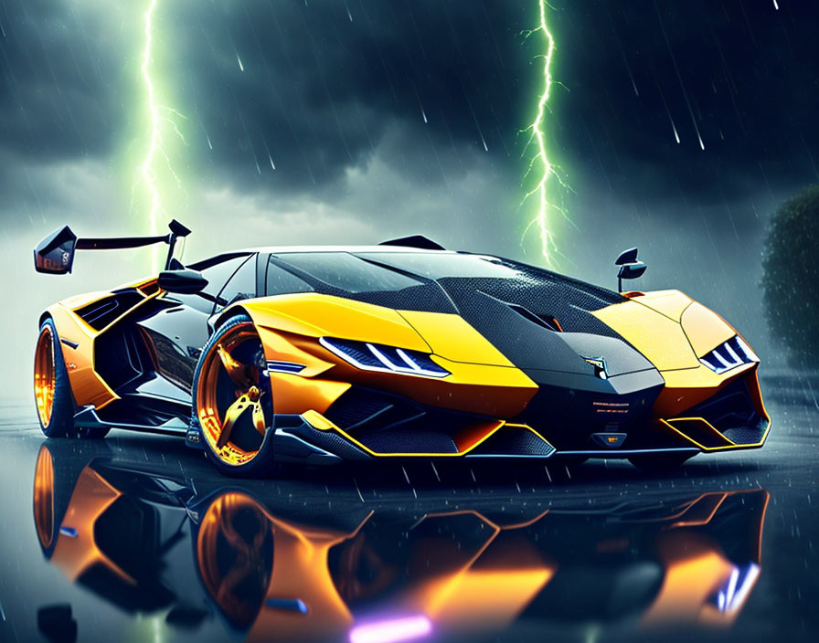 Yellow and Black Lamborghini Sports Car with Neon-Lit Wheels in Stormy Sky