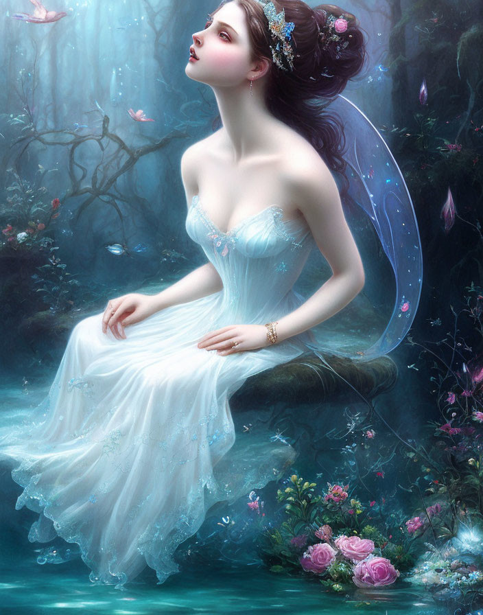 Woman with fairy wings underwater among flowers and fish