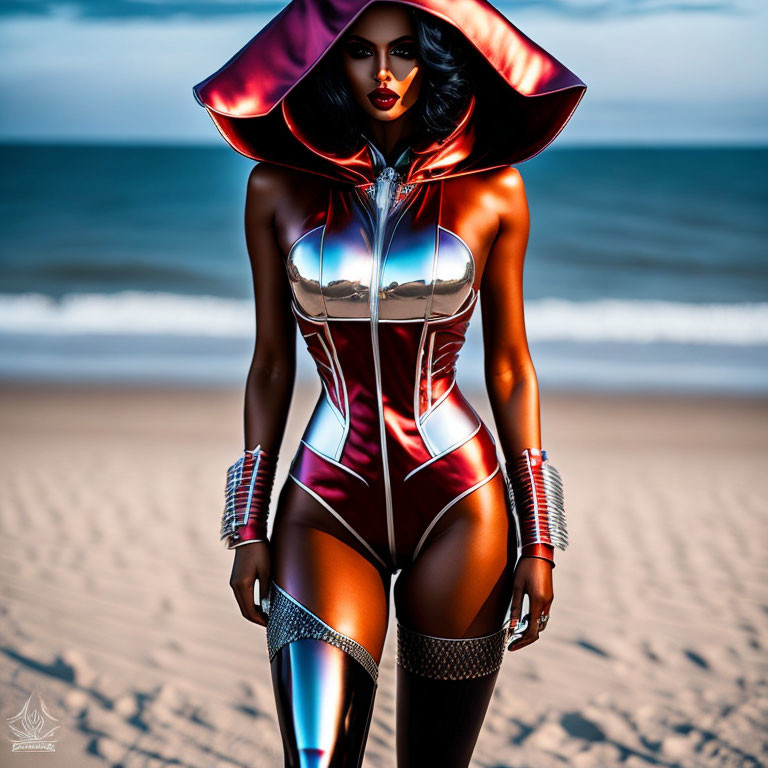 Futuristic woman in red and silver bodysuit on beach with oversized collar