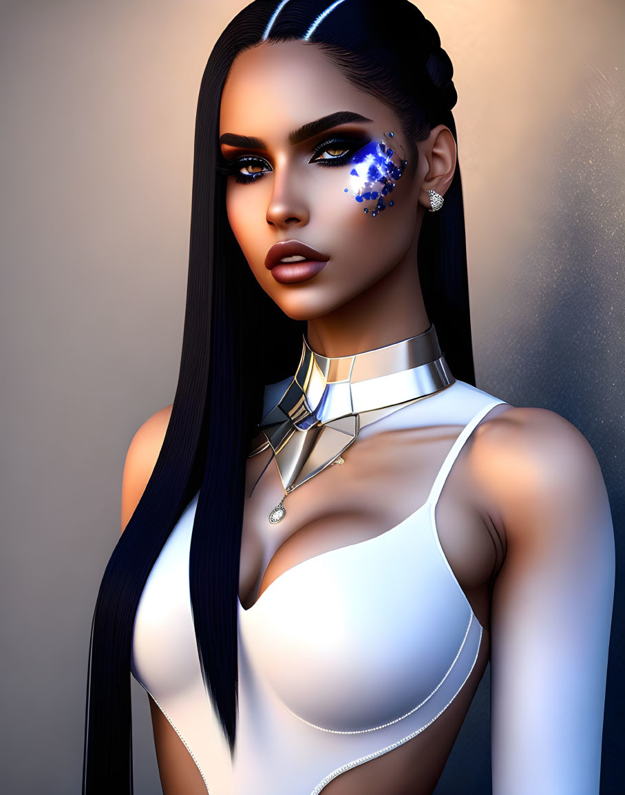 Portrait of woman with blue floral face decals, striking makeup, long black hair, and modern jewelry.