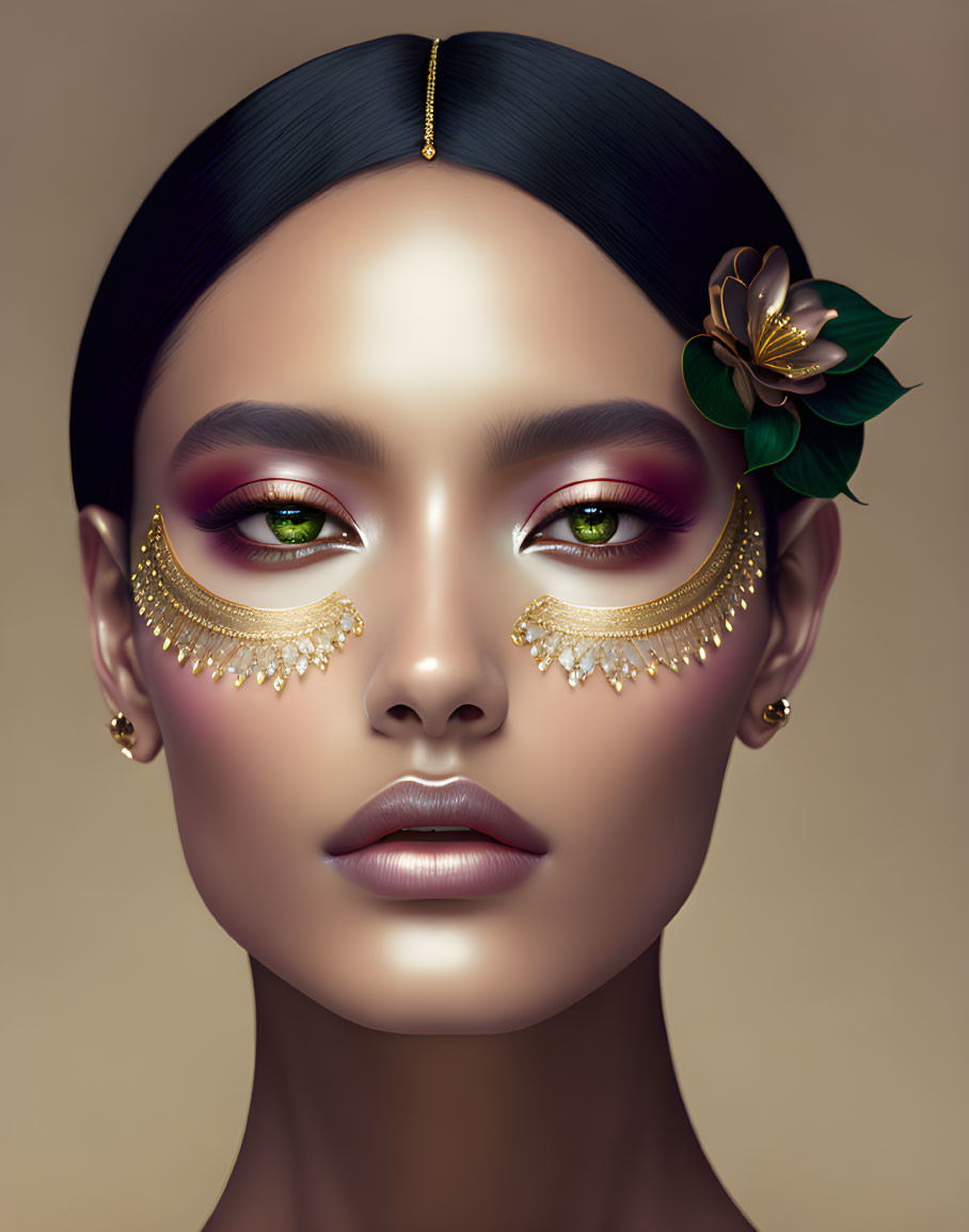 Stylized portrait of a woman with golden eye makeup and floral hairpiece