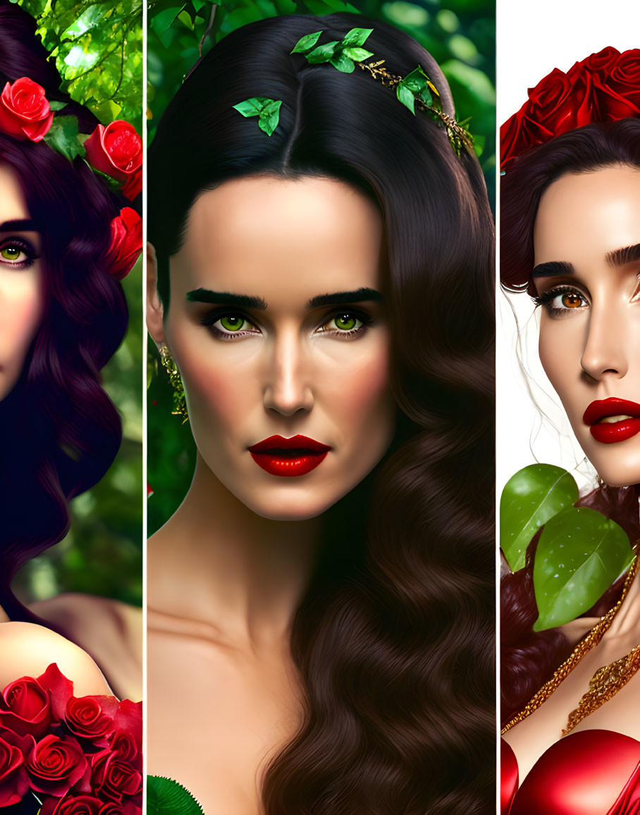Three portraits of a woman with dark hair and green eyes adorned with red roses and leaves