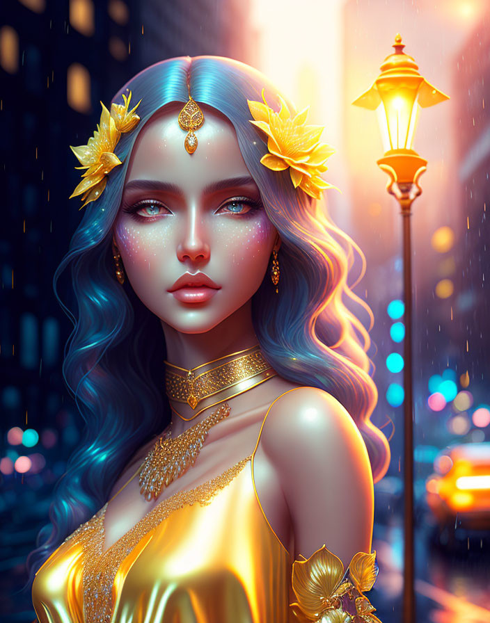 Digital portrait: Woman with blue hair and golden accessories in rainy cityscape
