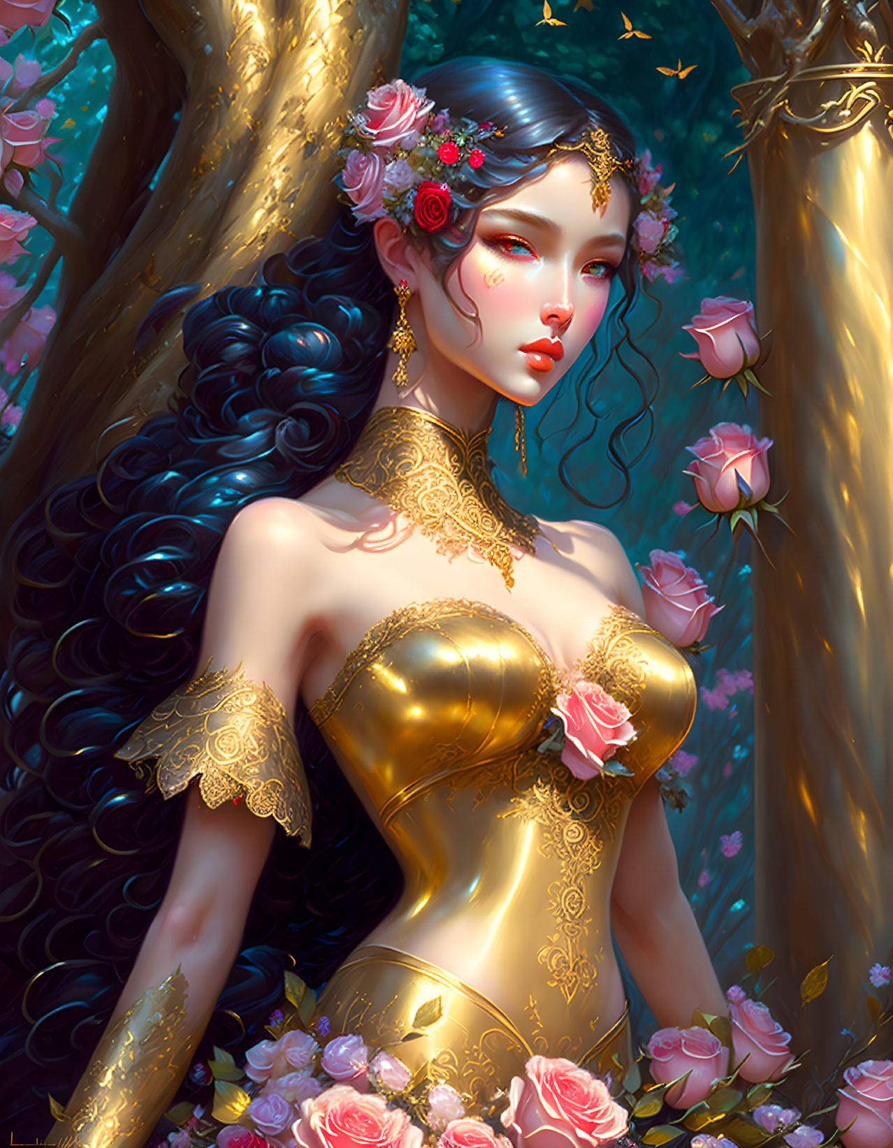 Digital illustration of woman with black hair, pink flowers, gold ornaments, golden bodice, in enchanted