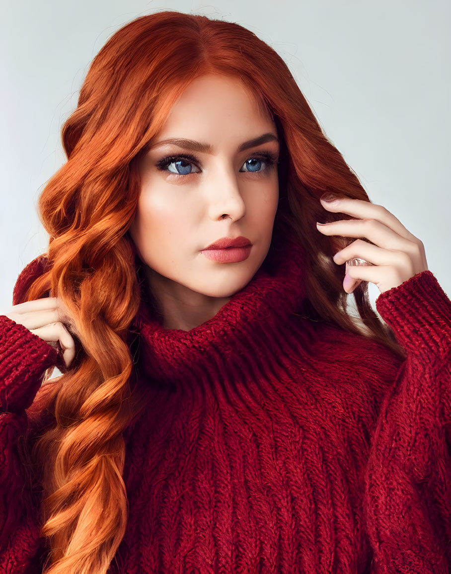 Woman with Long Curly Red Hair in Chunky Knitted Sweater