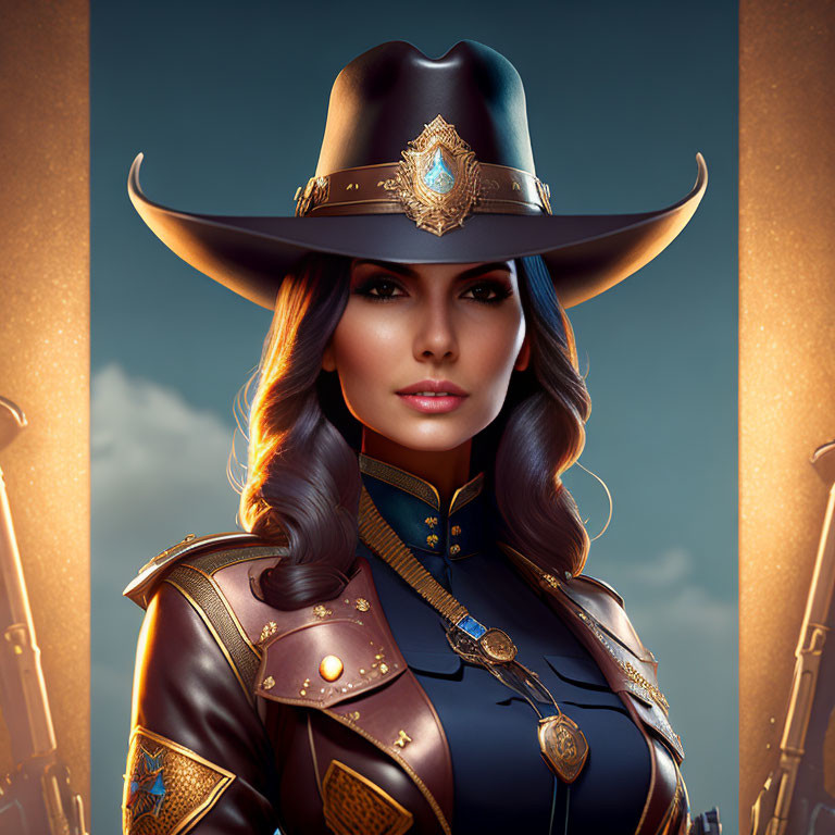 Stylized portrait of woman in decorated cowboy hat with blue gem and ornate leather uniform