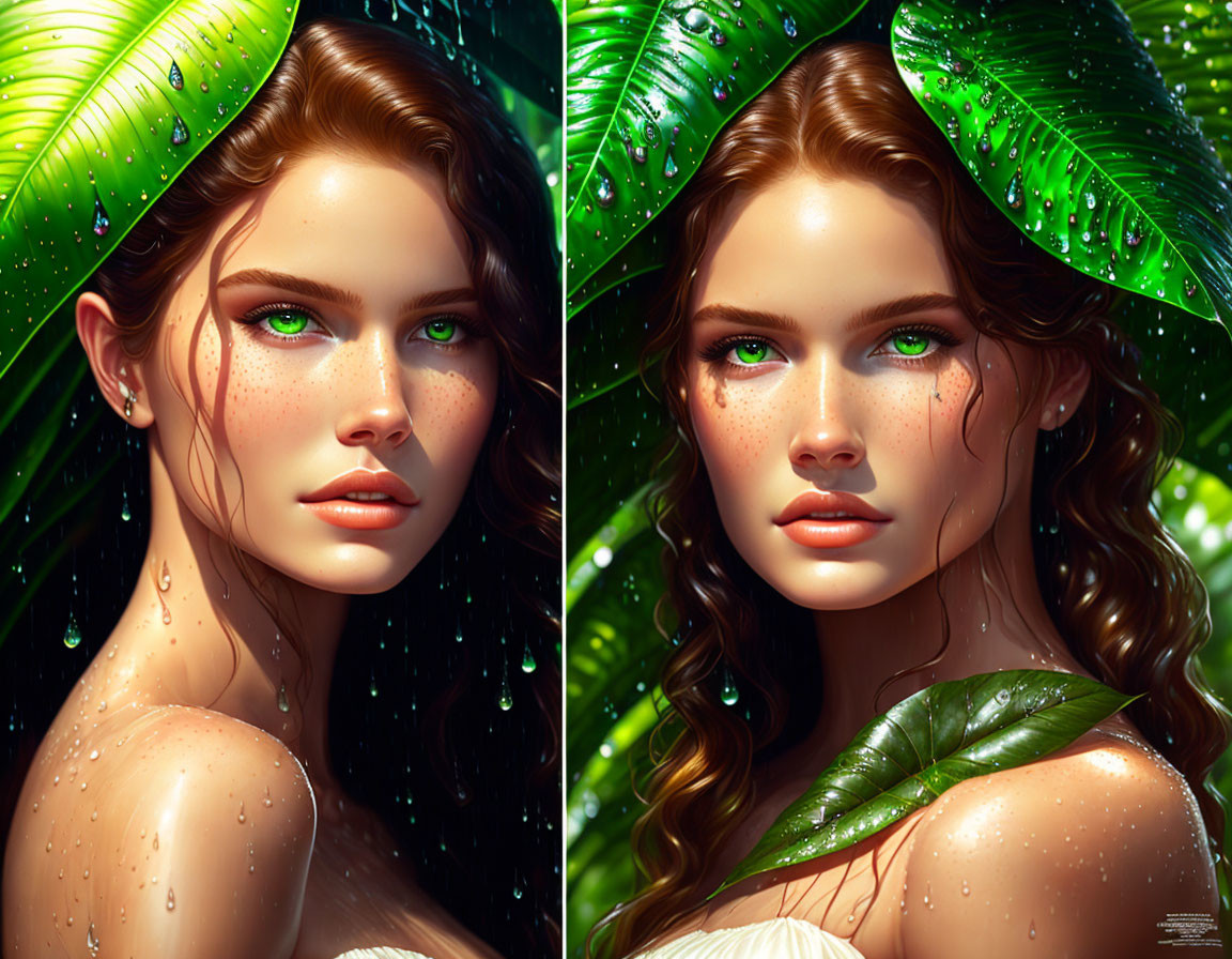 Digital portrait: Woman with green eyes, freckles, wavy hair, obscured by tropical leaves
