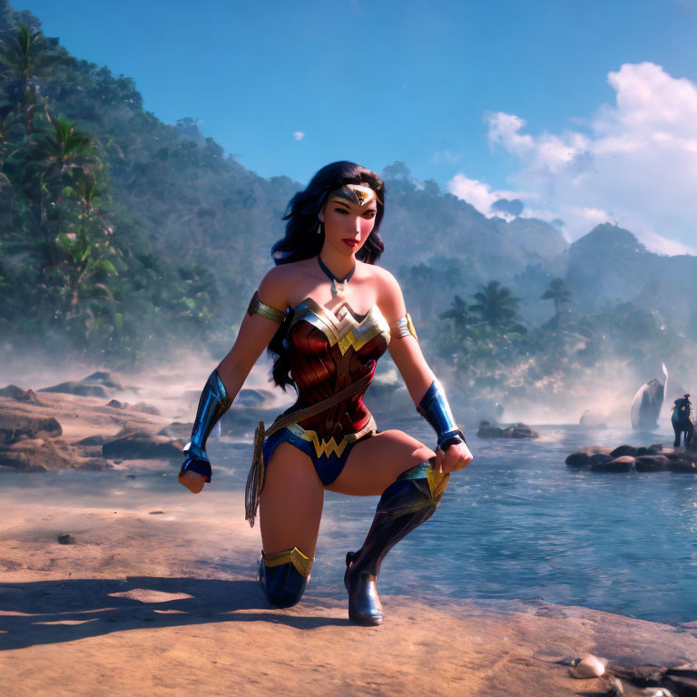 3D rendering of Wonder Woman in iconic costume by river