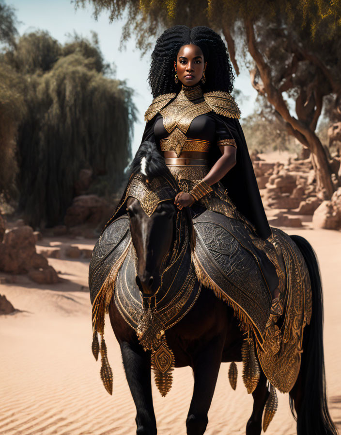 Regal woman in black and gold armor on majestic horse in desert landscape