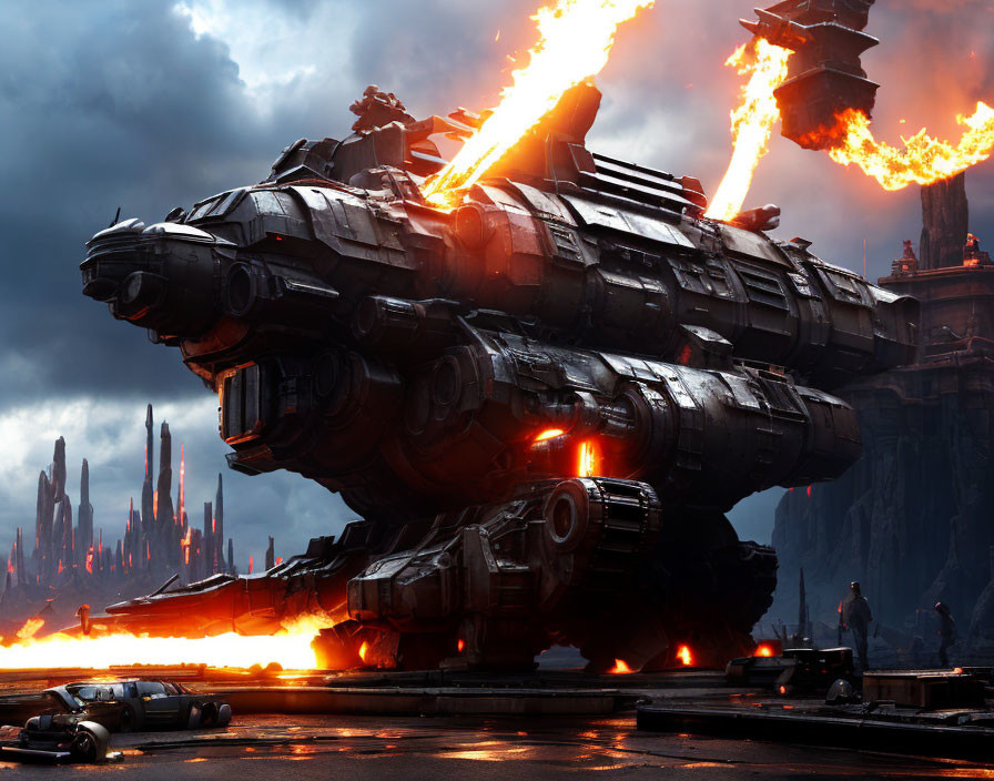 Futuristic tank amidst fiery explosions in dystopian landscape
