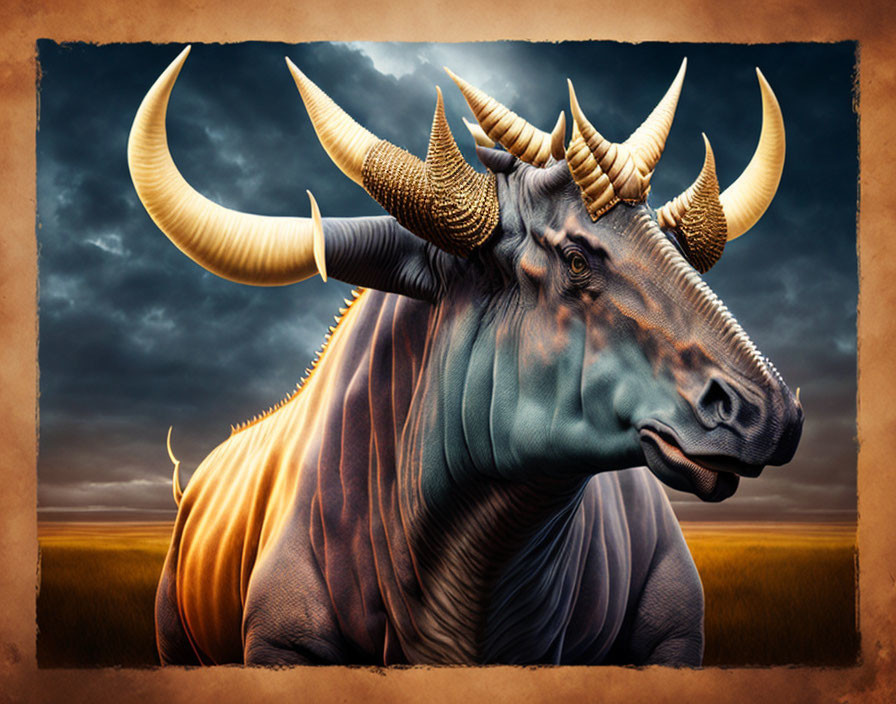 Majestic bull-like creature with golden horns on savanna under dramatic sky