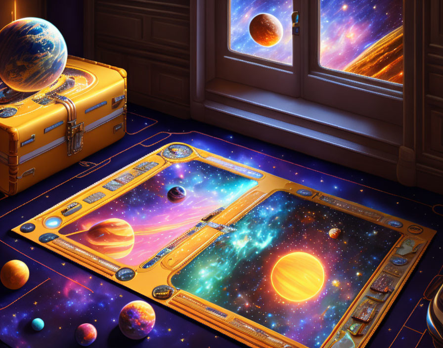 Space-themed Board Game with Planet Illustration and Cards on Table