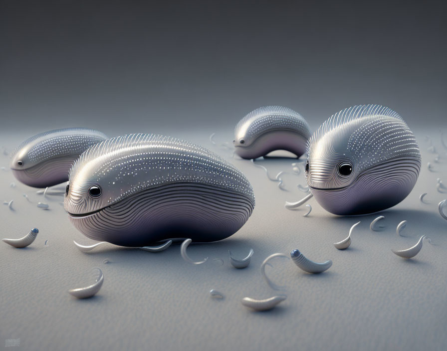 Whale-like pod entities with dotted patterns on muted background