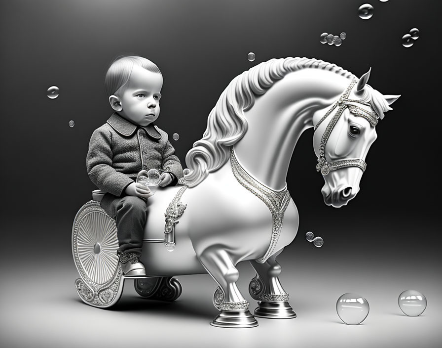 Monochrome artwork of serious toddler on metallic horse with bubbles