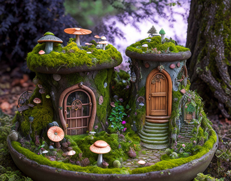 Miniature fairy tale house with moss and mushrooms in forest setting