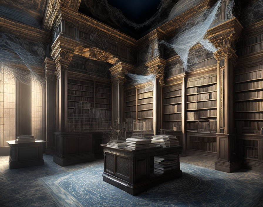 Dimly Lit Dusty Library with Wooden Bookcases and Cobwebs