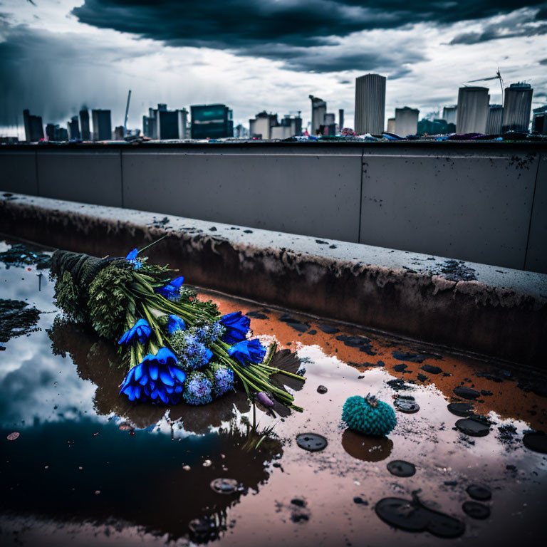 Blue flowers on wet urban rooftop under moody sky.