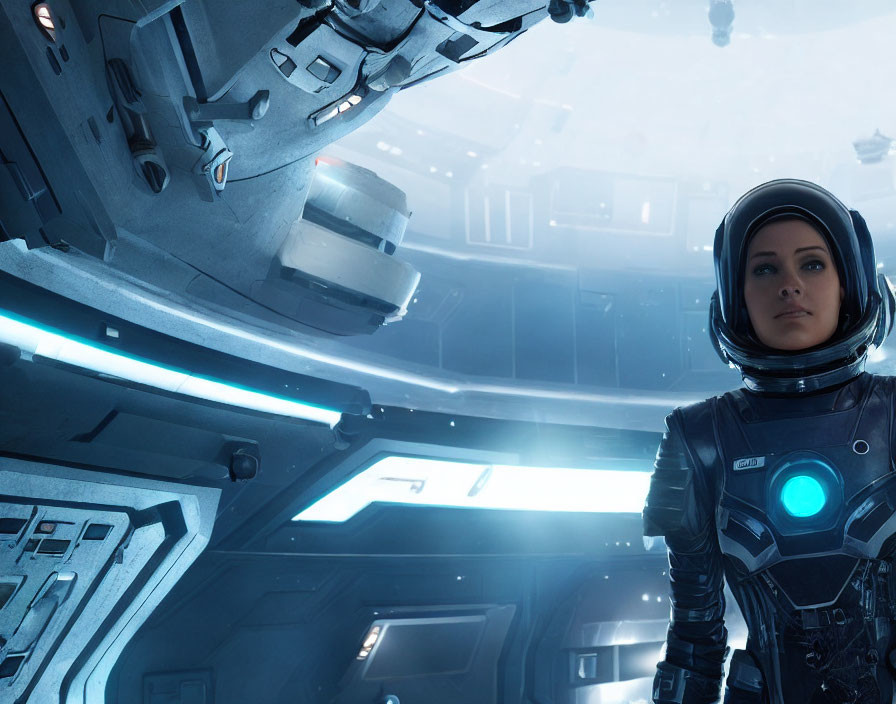 Female Astronaut in Futuristic Spacecraft with Control Panel and Blue Lights