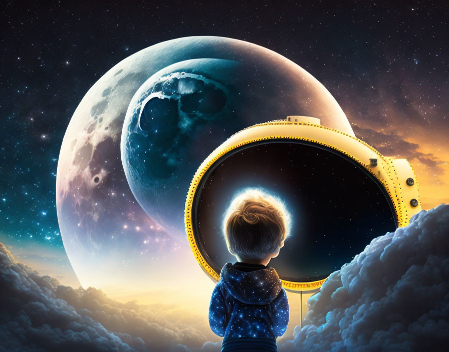 Child observing celestial scene with moons and stars through golden portal