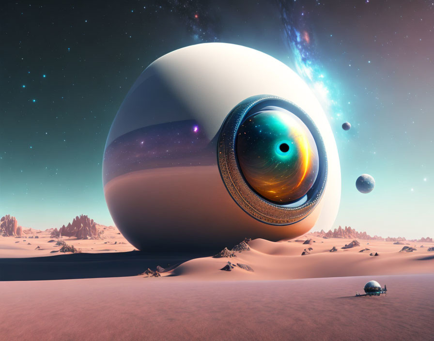 Surreal desert landscape with giant eye-shaped planet, futuristic vehicle, and small sphere