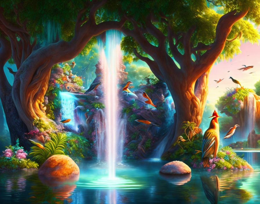 Fantasy landscape with waterfall, birds, trees, and flowers reflected in blue water.