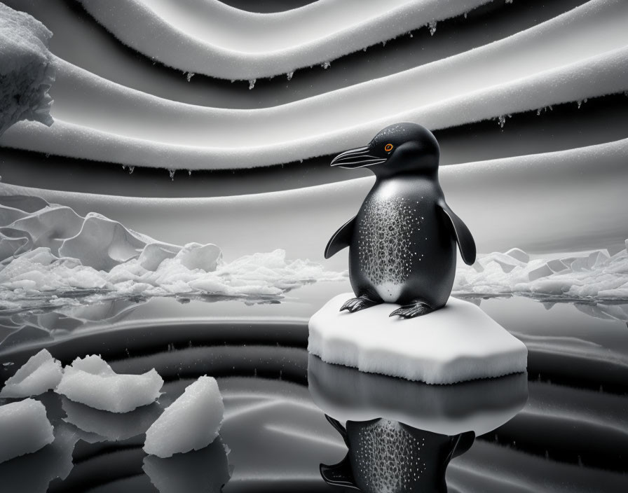 Penguin on Ice Floe in Serene Snowy Landscape